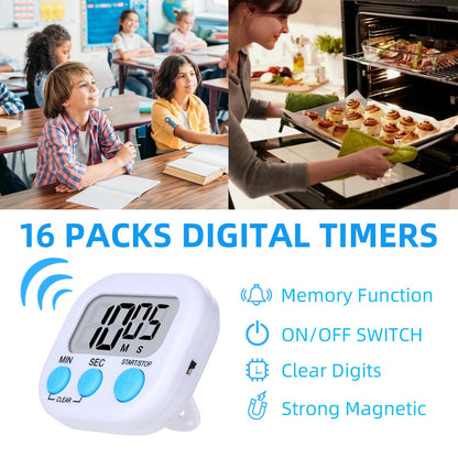 16 Packs Digital Timer Multi-Function Electronic Timers for Classroom Small Magnetic Countdown Stopwatch Mini Loud Alarm Stop Clock for Kitchen Cooking Games Meeting Study Work Baking Sports Office