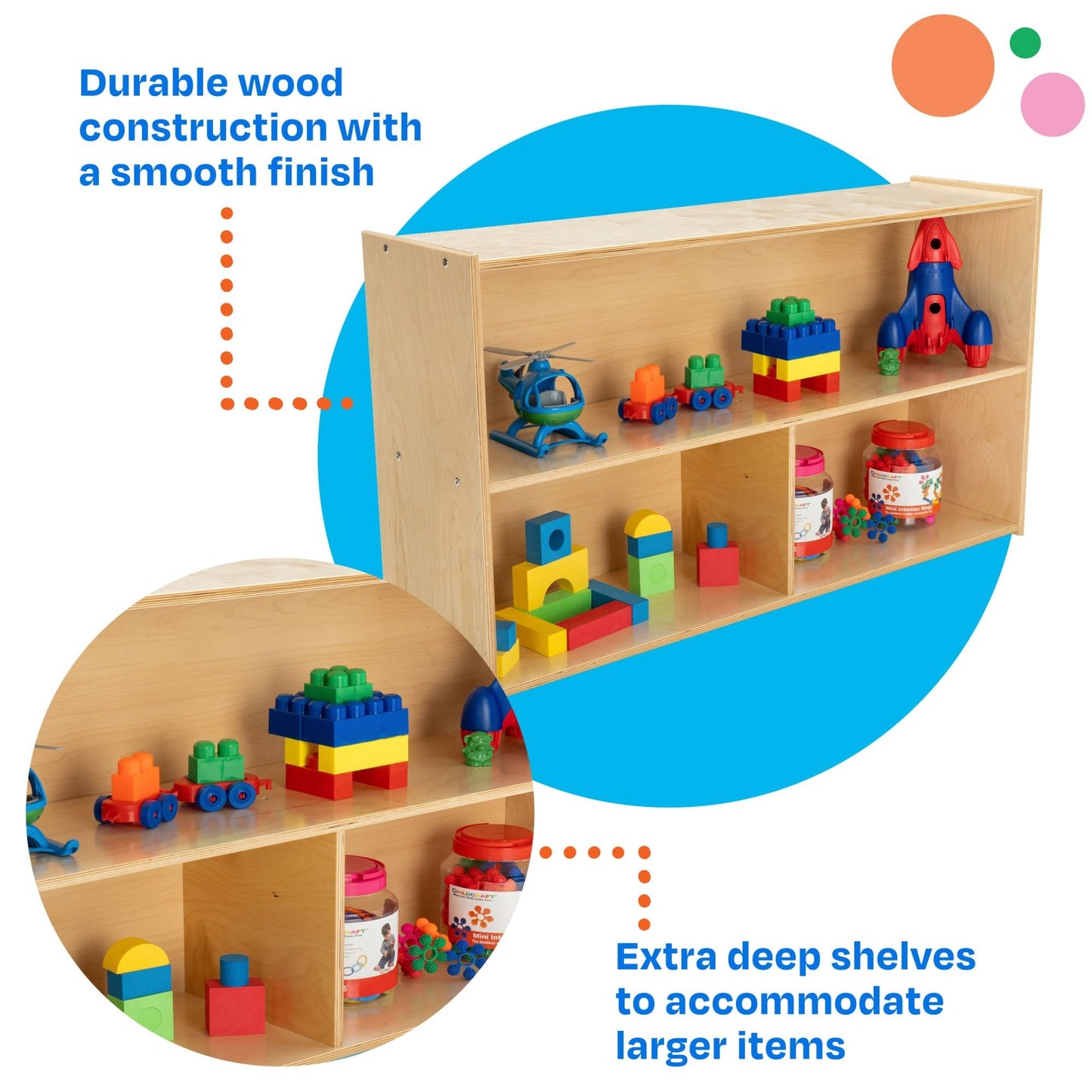 Childcraft ABC Furnishings 2-Shelf 3-Compartment Storage Unit for Classrooms and Homes, Wooden Bookshelf and Organizer, 48 x 13 x 27-3/8 Inches