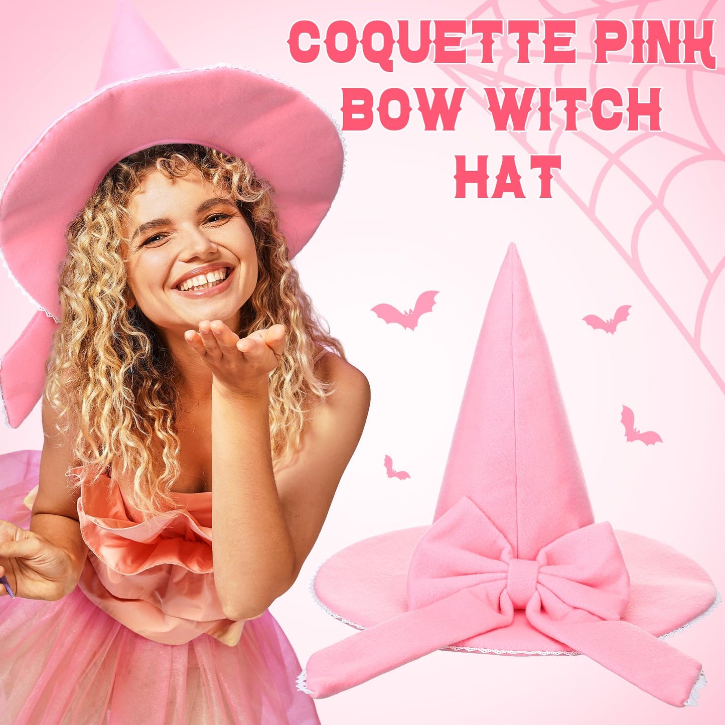 Jamntower Pink Bow Witch Hat Accessories Halloween Coquette Wool Felt Witch Hat for Women Cosplay Masquerade Party Supplies