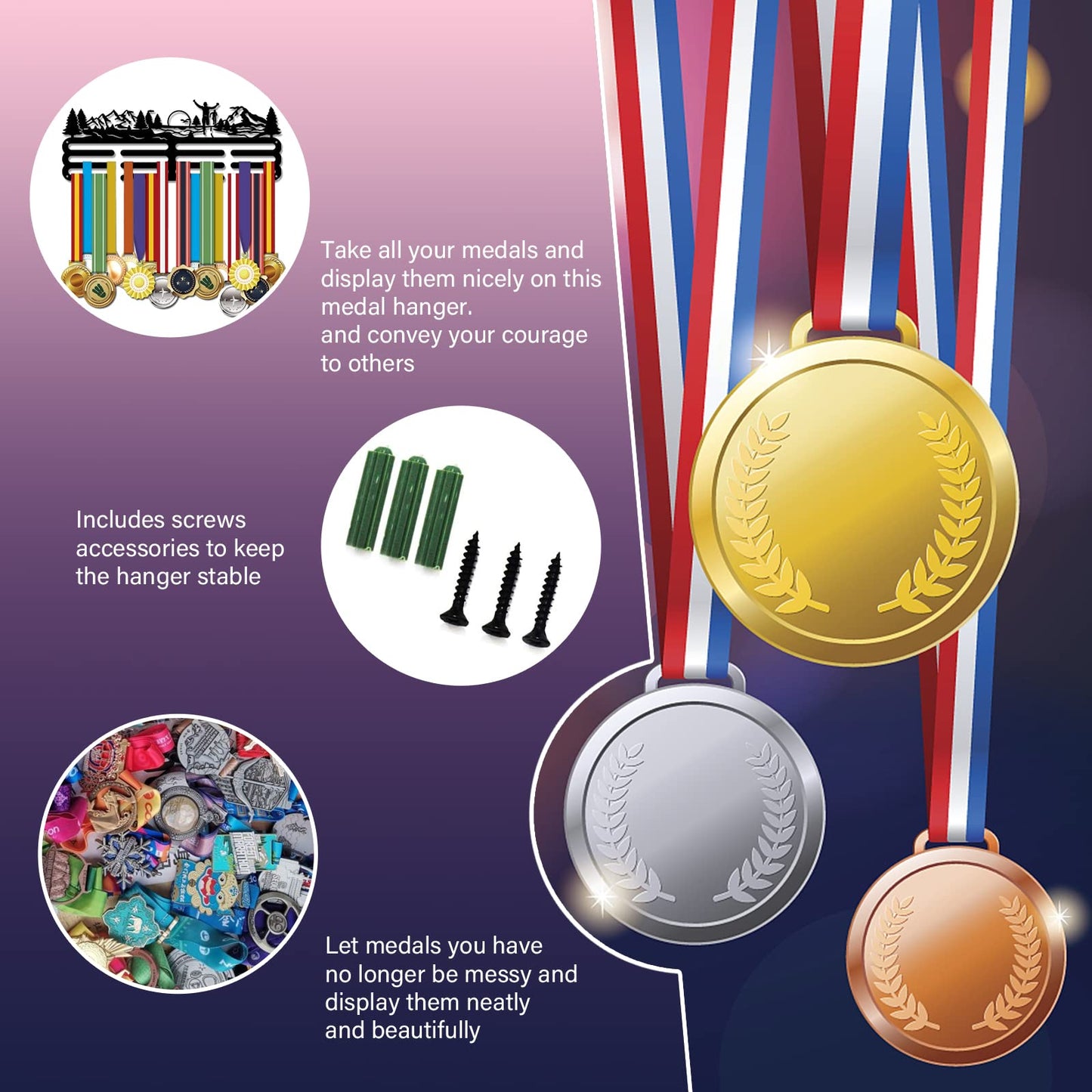 SUPERDANT Running Metal Holders for Display Park Run Sports Awards Medals Display Race Bib Holder Running Medals Hanger Race Metal Wall Hanger Marathon Medal Rack for Runners Athletes Gifts 15.75x6in