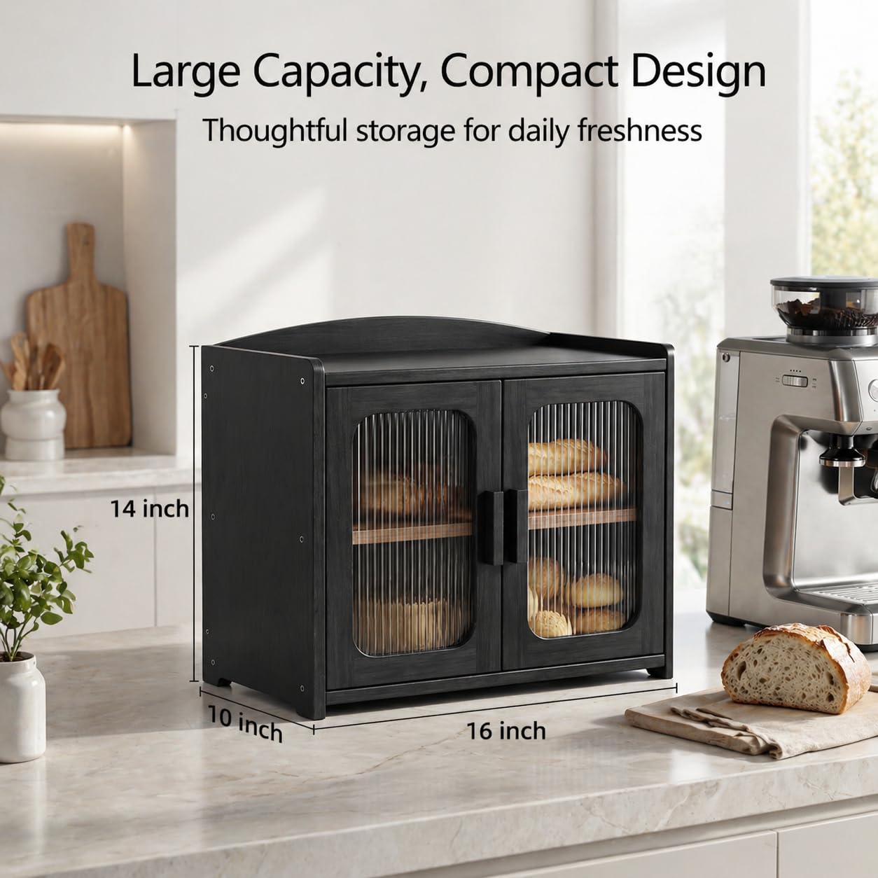 Florwish Bread Box for Kitchen Countertop, Large Capacity Bamboo Bread Box, Farmhouse Bread Storage, 2 Tier Corner Bread Box for Homemade Bread, Sourdough Bread and Bagels, Black