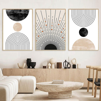 LOARTVE 3Pcs Beige Boho Wall Art Mid Century Modern Wall Decor Pictures Neutral Abstract Geometric Line Minimalist Canvas Posters Prints for Living Room Bedroom Office Home Decoration Unframed