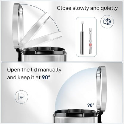 Arlopu 13.2 Gallon Step Trash Can, Stainless Steel Garbage Bin, Soft-Close Rubbish Bin with Removable Plastic Inner Bucket, Fingerprint-Proof, Lid Dustbin, Suit for Kitchen Home (Silver, 50L)