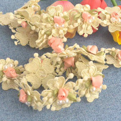 Kuasting 2 Yard Vintage Pearl Flower Ribbon Scallop Edge Trim Lace Fabric Sewing Lace Trim Handmade DIY Sewing Supplies for Dress Embellishment (Small Pearl lace)