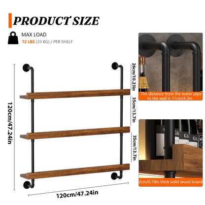 Dresgor Large Wine Rack Wall Mounted with LED Light, Solid Wood Bar Shelves Wall Mounted, 3-Tiers Liquor Bottles Floating Shelves Display Storage Organizer for Home Bar, Dining Room (47.2 inch)