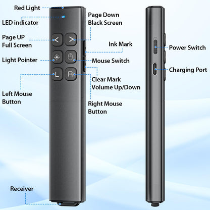 Presentation Clicker with Air Mouse - USB C Wireless Presenter Remote Clicker with Light Pointer, PowerPoint Clicker for Presentation, Computer Pointer Clicker Slide Advancer for Mac,Laptop, Black