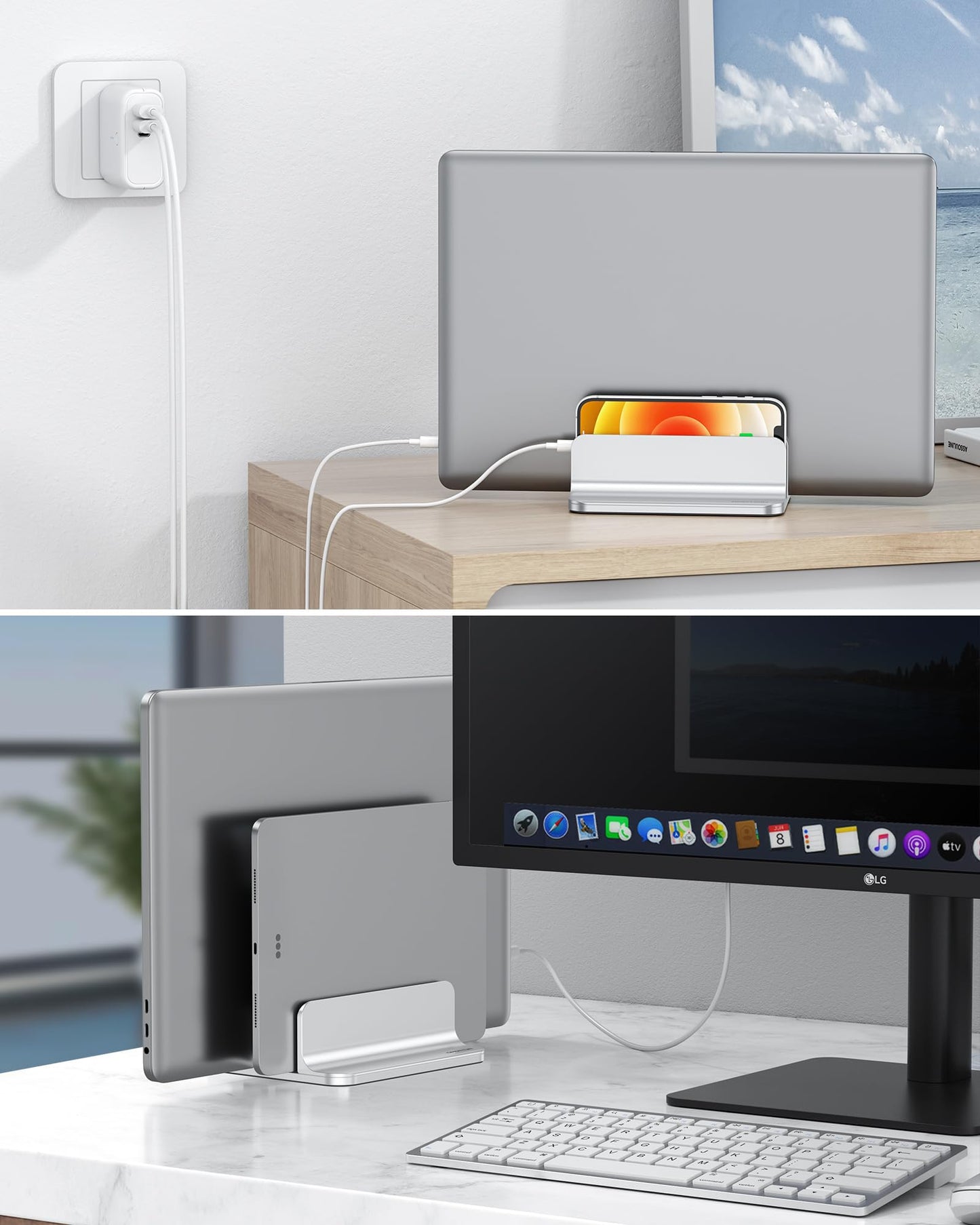 OMOTON [Updated Dock Version] Vertical Laptop Stand, Double Desktop Stand Holder with Adjustable Dock (Up to 17.3 inch), Fits All MacBok/Surface/Samsung/HP/Dell/Chrome Book (Silver)