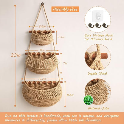 Hanging Fruit Basket, 3 Tier Over the Door Organizer, Handmade Woven Jute Wall