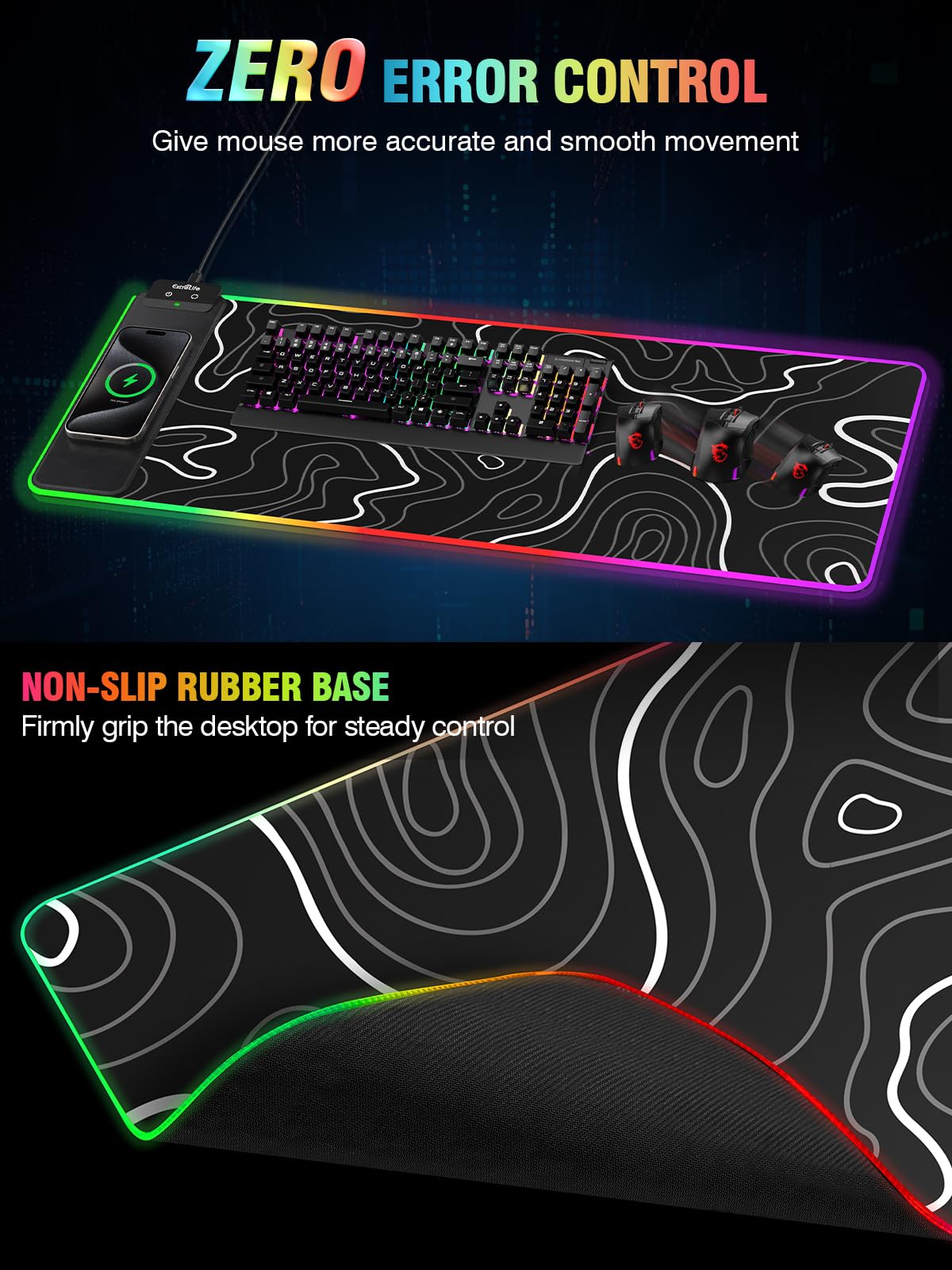 Wireless Charging Mouse Pad, RGB Gaming Mousepad, 31.5"x15.7" Extra Large Desk Pad, 13 Light Modes, Ultra-Smooth Surface, Non-Slip Base, Waterproof Computer Keyboard Mat for MacBook, PC, Laptop, Black