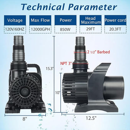 WaterRebirth (12000GPH, UL Listed) PS- High Flow Submersible Water Pond Pump - Water Fountain Aquarium UL listed (12000GPH-850W)