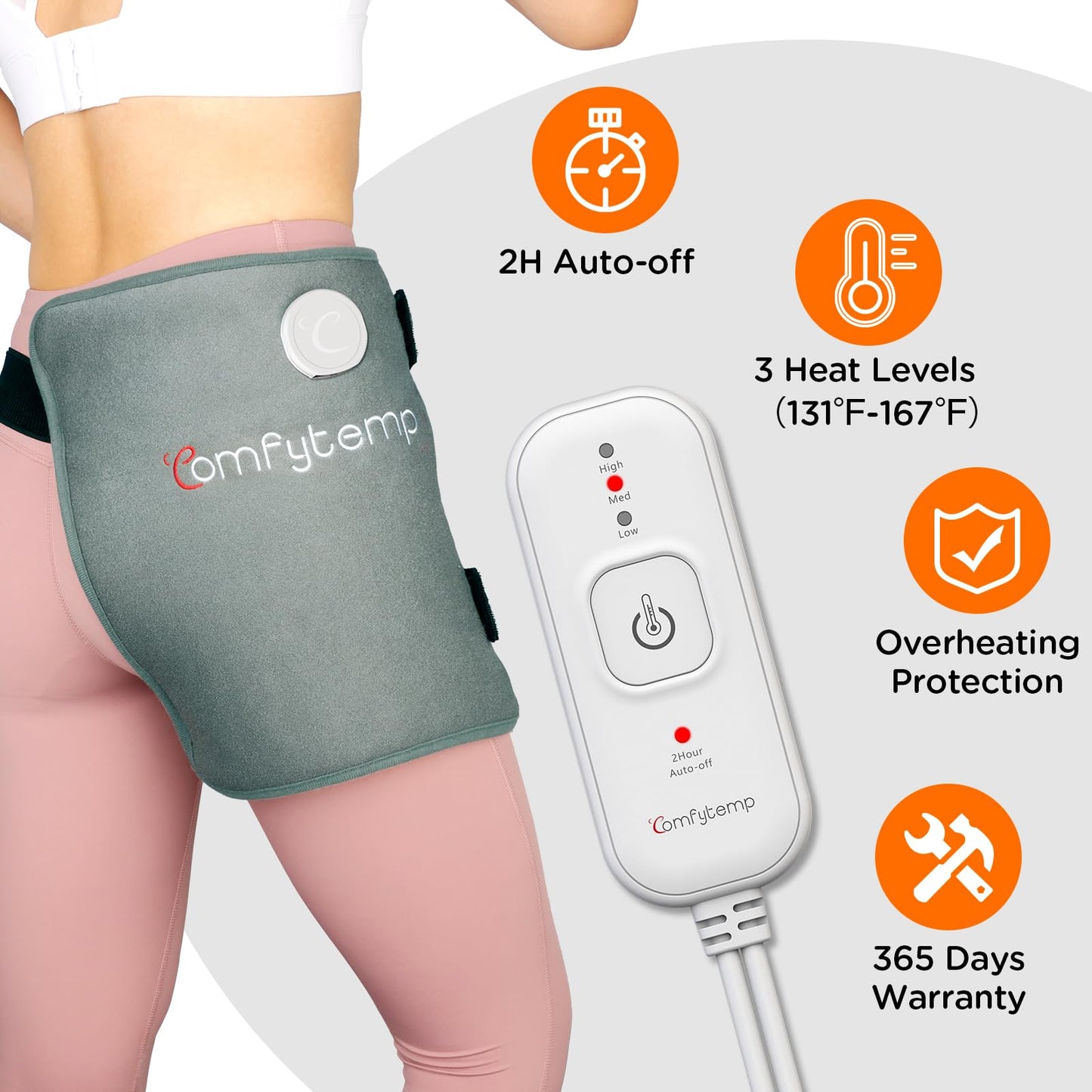 Comfytemp Hip Heating Pad for Hip Sciatica Pain Relief Brace, Birthday Christmas Gift for Mom Women Wife Men Dad, FSA Eligible Lower Back Thigh Buttock Electric HSA Heat Pad Hot Physical Therapy(L/XL)