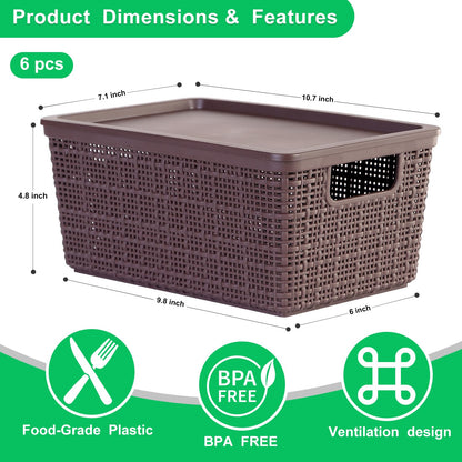 WRRLORS 6 Pack Plastic Storage Baskets With Lids,Brown Breathable Stackable Storage Bins,Small Storage Containers,for Organizing Storage Baskets on Desktops,Closets,Playrooms,Classrooms,Offices