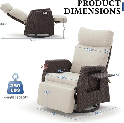 Adjustable Outdoor Recliner Chair with Independent Backrest & Footrest, Patio Swivel Recliner Chair, Wicker Reclining Patio Chair w/Flip-Up Table, 155° Lay Flat Chaise Lounge, Beige, 2PCS