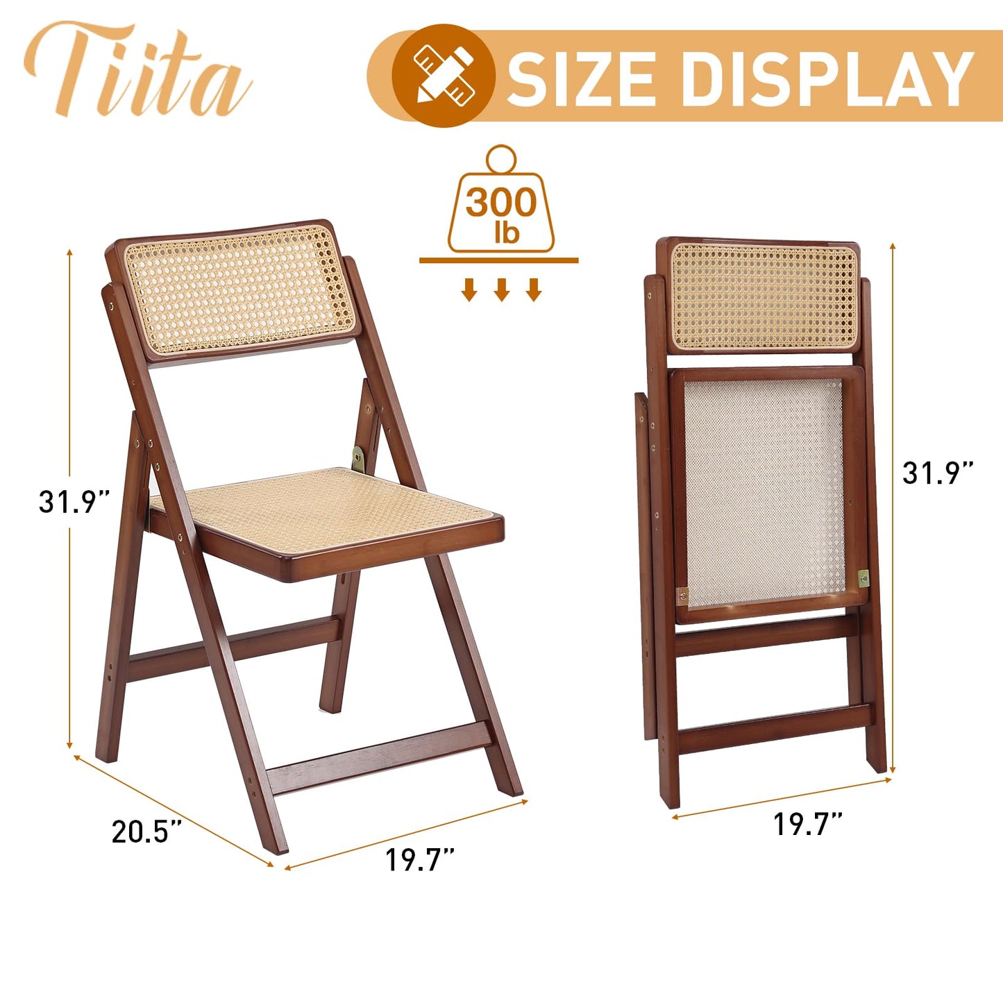 Tiita Rattan Dining Chairs Set of 1, Mid Century Modern Folding Chair, Bamboo Folding Dining Chairs for Small Space, Dining Room, Living Room, Bedroom, Walnut