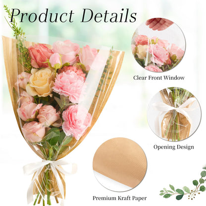 CLUEWR 50 PCS Flower Bags for Bouquets, Floral Wrapping Sleeves with Ribbons Florist Wrap Supplies, 15.7 x 13.7 Inches