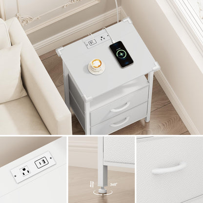 Vagusicc Nightstand Set 2 with Charging Station, End Table with Fabric Drawers, Bedside Table with Open Wood Shelf, 24.2" Tall Side Table with USB Ports & Outlets, Night Stand for Bedroom, White