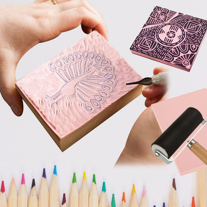 DIRBUY 10 Pack Rubber Stamp Making Kit - Block Printing Kit，Linoleum Carving Tools with 8 Type Blades, 8 Pcs Pink Rubber Carving Block and Rubber Brayer Roller