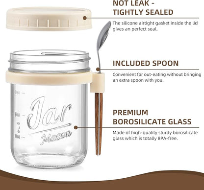 6 Pack Overnight Oats Containers with Lids and Spoons, 16 oz Glass Mason Overnight Oats Jars, Large Capacity Airtight Jars for Milk, Cereal, Fruit(Beige）