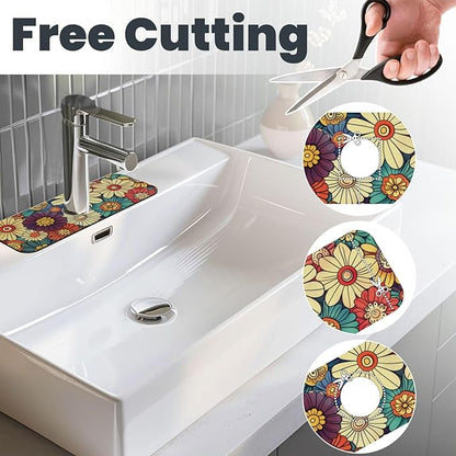 Kitchen Faucet Mat 15 x 5.5 Inch Abstract retro flower Faucet Draining Mat