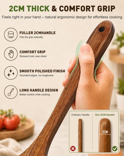 Noarsen 7 PCS Natural Solid Teak Wooden Kitchen Utensil Set with Holder