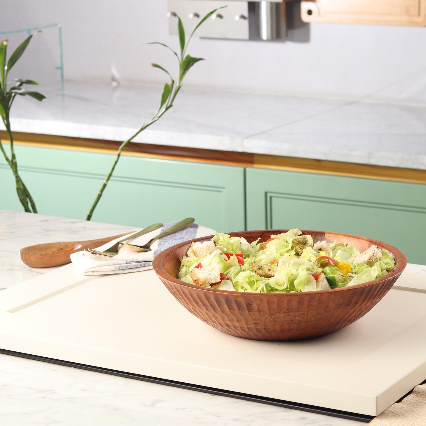 LAVAUK 12" x 4" Wood bowl with hand carved pattern | 4.3 quarts capacity | wooden bowl for food, serving salads, pasta, cereal or popcorn | kitchen counter centerpiece bowl for fruits |
