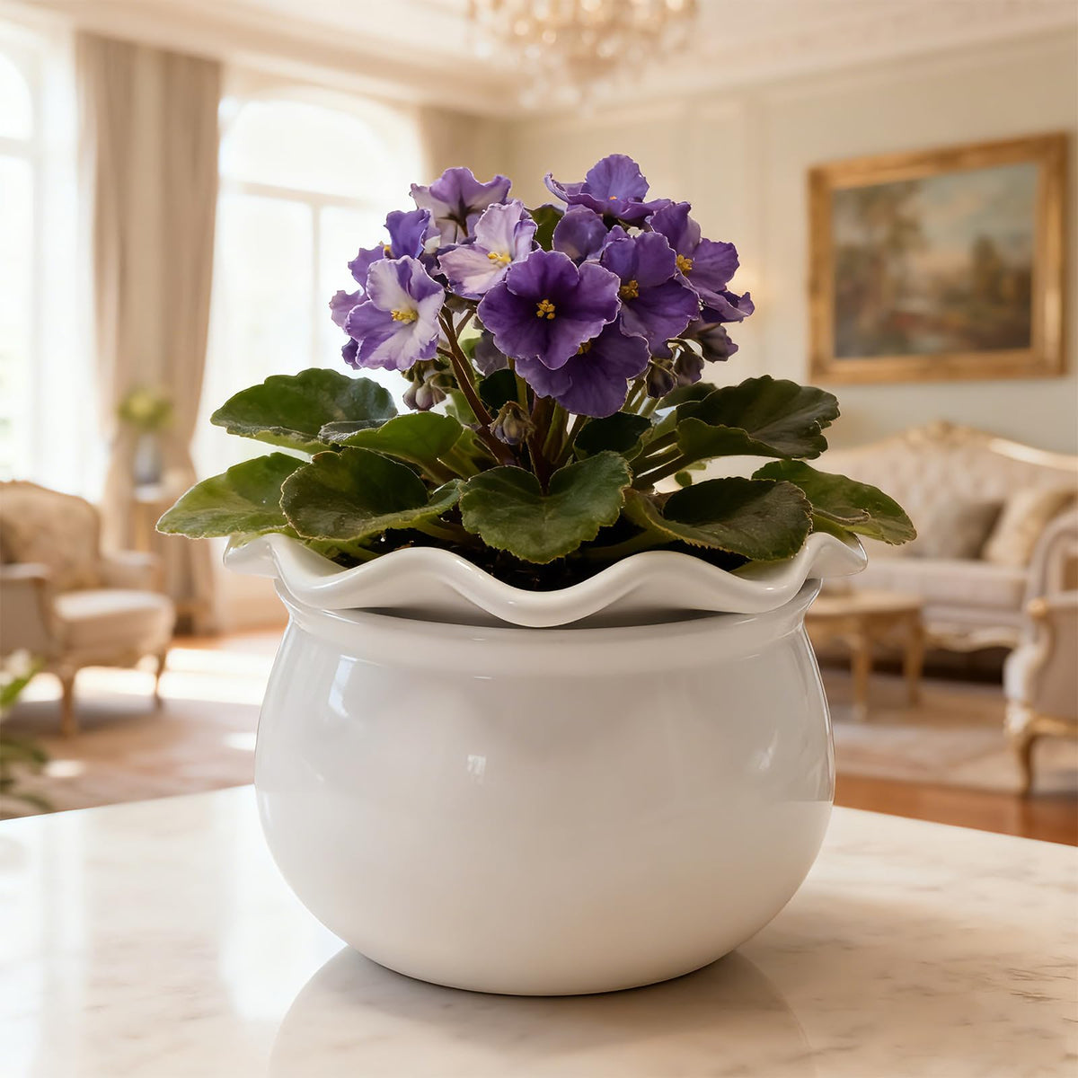 Sanmudecor Self Watering Planter Pot for African Violets, White Ceramic Indoor Plant Pot with Bottom Watering System, 7"