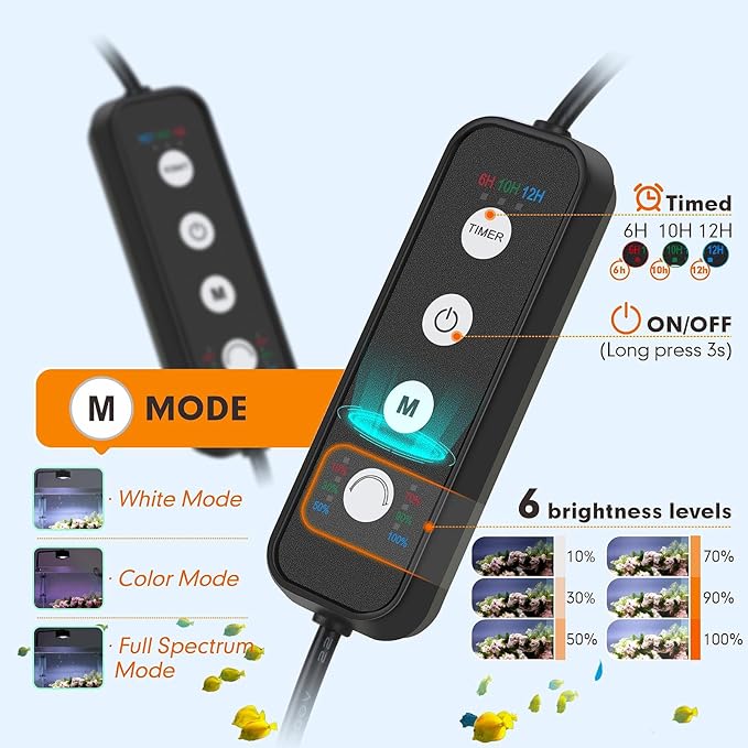 AQQA Aquarium Clip-On Stream Light with Controller, LED Fish Tank Light with 3 Modes (White/RGB/Full Spectrum), Timer & 6 Brightness Levels, Adjustable Clamp for Freshwater Plants Fish Tanks 60W