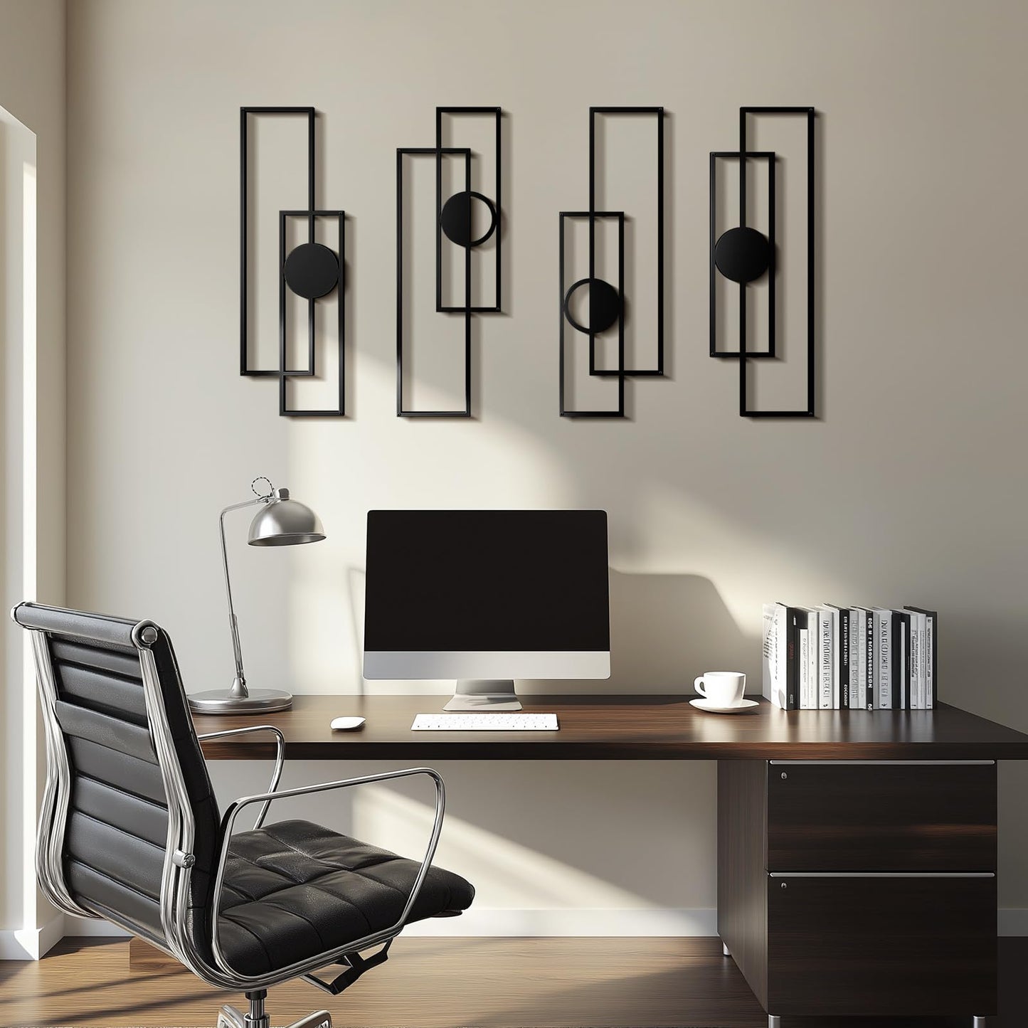 Abstract Black Metal Wall Art for Living Room, 4 Pack Large Wall Sculptures Minimalist Modern 3D Textured Geometric Metal Wall Decor for Bedroom Bathroom Kitchen Study
