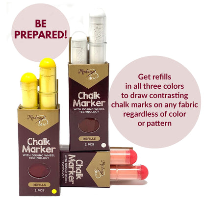 Madam Sew Refillable Tailors Chalk for Fabric - Washable Fabric Markers for Sewing and Quilting with Dosing Wheel, Tailor Chalk Pen for Precise Marking on Cotton, Knit, Suede (White)