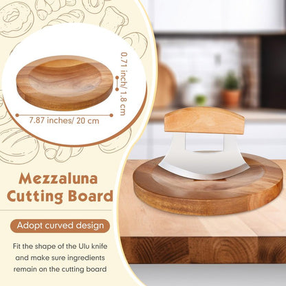 Sunnychicc 2 Pcs Mezzaluna Ulu Knife and Cutting Board Set Rocker Chopper Slicer Cutter with Stand Cutting Board Mezzaluna Chopper Alaskan Ulu Knife Kit for Onion Vegetable Mincing Tool(Wood)