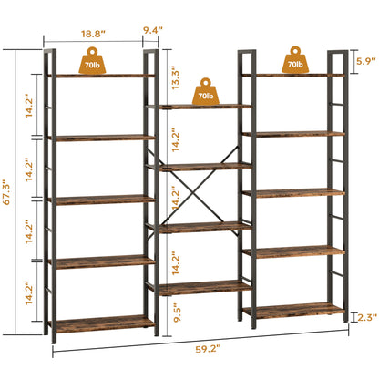 Shintenchi Triple Column 5 Tier Bookshelf, Industrial Large Bookcase Display Shelves, Large Etagere Bookshelf,Wide Book Shelf Book Case for Home & Office, Rustic Brown