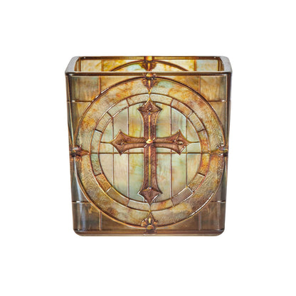 Square Glass Vanity Organizer Religious Cross Altar Ofrenda Qtip Holder Makeup Brush Holder Pen Cup Tealight Candle Holder Table Decor Green