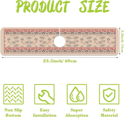 Sink Splash Guard Faucet Mat Retro Boho Flowers Absorbent Fast Drying Mat Sink