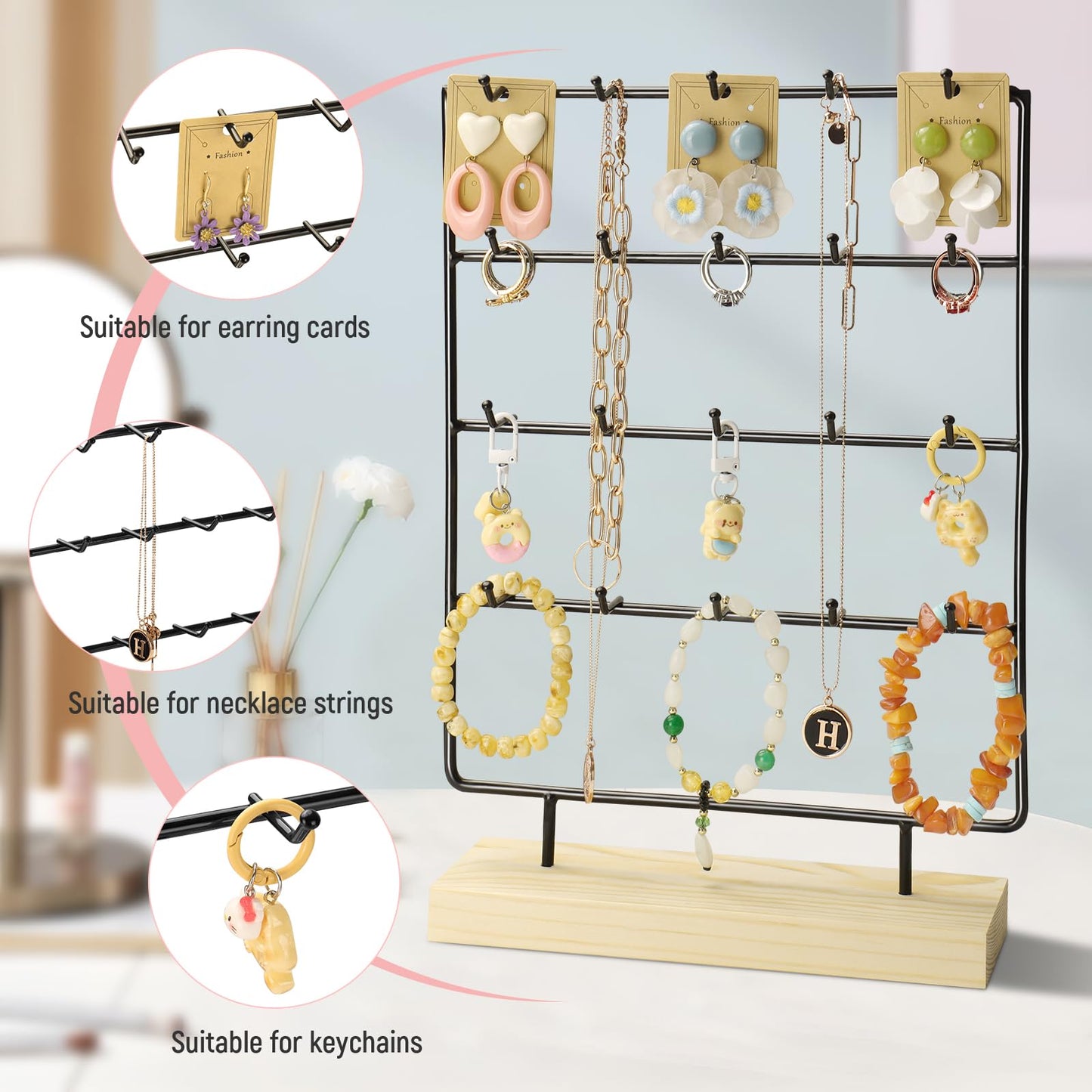 RUINENGDA Earring Display Stands for Selling 4 Tier 20 Hooks Jewelry Display Wooden Base Earring Holder Organizer Display Stand for Earings Necklaces Rings Bracelets Keychains (Black)