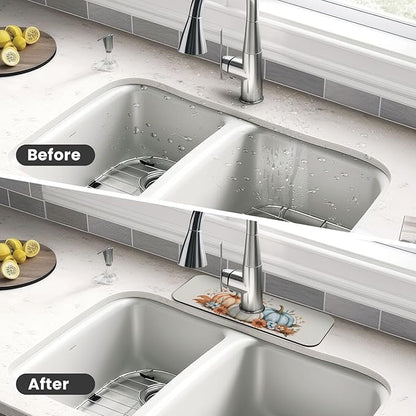 Kitchen Sink Splash Guard Faucet Mat Autumn Pumpkin Floral 15"x5.5", Diatom Mat