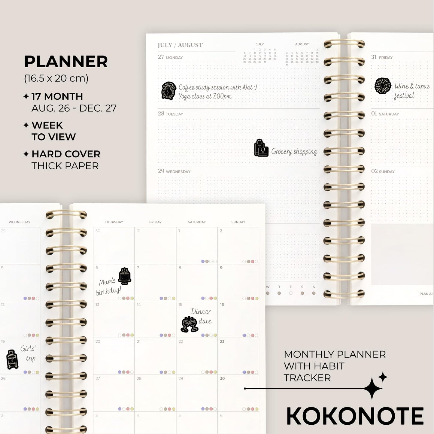 KOKONOTE Planner 2026-2027 Hannah Borger - Planner for Women 17 Month (Aug 26/ Dec 27) | Weekly & Monthly Academic Planner 2026-2027 | 6.4" x 7.9" | Hardcover Agenda 2026 | Thick paper 120 g/m²