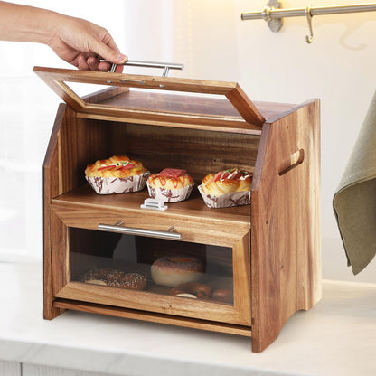 Bread Box, 2 Layer Bread Bin with Clear Acrylic Door Panel and Air Vents, Wooden Countertop Bread Storage Container, Farmhouse Bread Holder for Bread, Bagels and Rolls, Brown