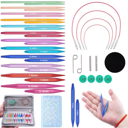 Weabetfu Circular Knitting Needles Set with Case 12 Pairs Interchangeable Aluminum Circle Needles with 4 Flexible Cables 3mm-8mm,Short Circular Needles