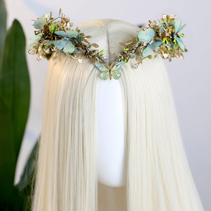 MOSTORY Butterfly Fairy Accessories Set - Green Flower Elf Crown Elf Ear Cuffs Kit for Woodland Renaissance Costume Women Forest Fantasy Fairycore Cosplay