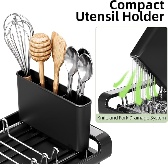 Small Dish Drying Rack, Mini Expandable Compact Dish Rack, Slim Extendable Stainless Steel Dish Drainer for Kitchen Plate Storage, Space Saving Dish Strainer in Sink or on Home Countertop, Matte Black