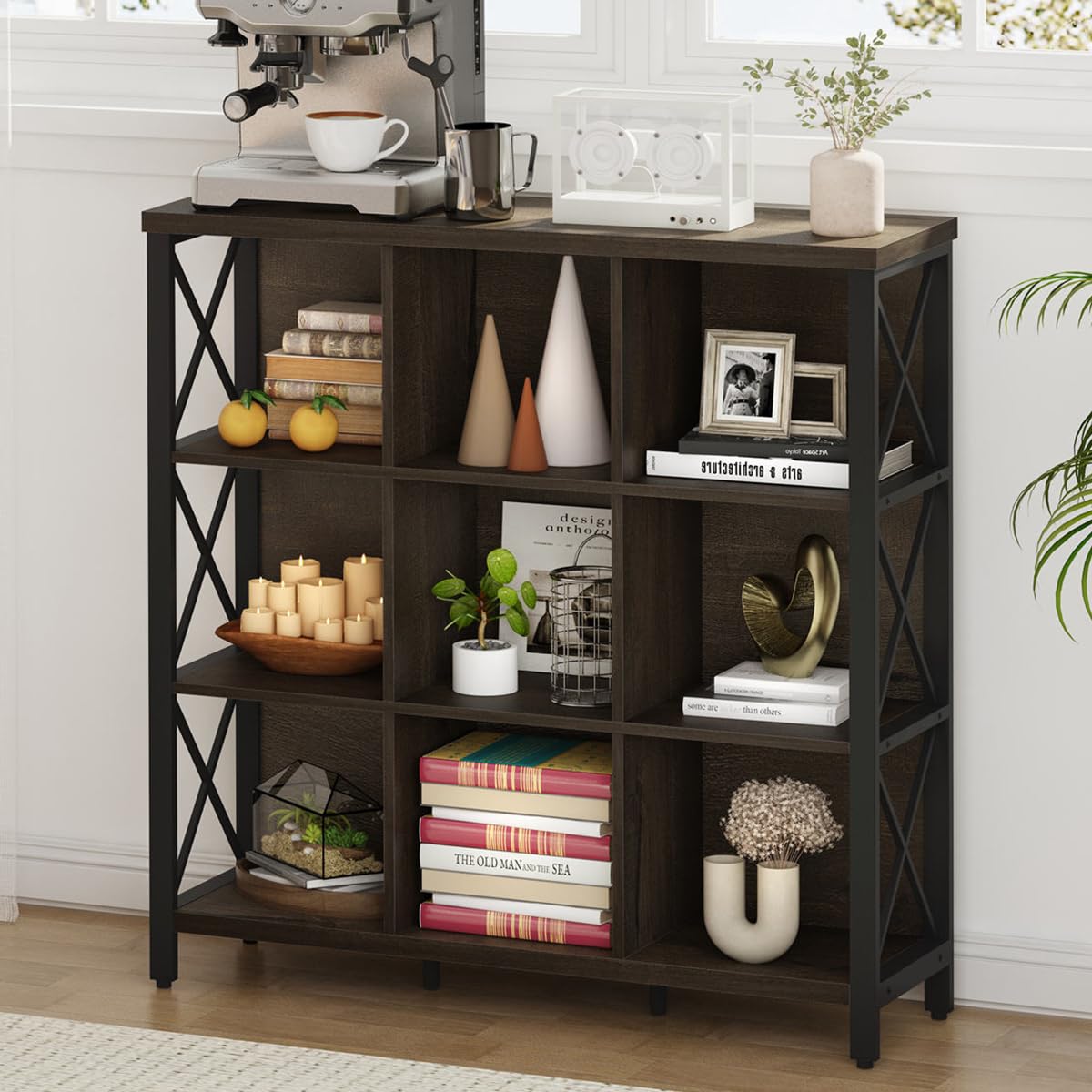FATORRI 9 Cube Storage Bookshelf, Modern 4 Shelf Book Shelf, Wood and Metal Cubby Bookcase for Home Office (39.38 Inch W, Walnut Brown)