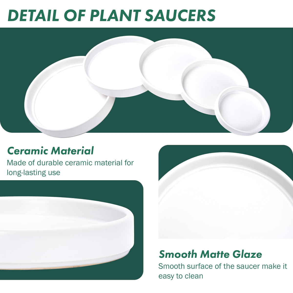 D'vine Dev Modern Round 8.7 Inch Ceramic Plant Pot Saucer, Planter Pot Drainage Tray for Indoor Plants, Matte White, 97-T-A-4