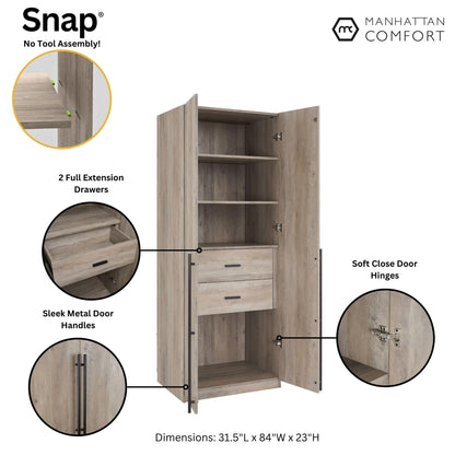 Manhattan Comfort Lee Modern Freestanding Closet 1.0 | Space-Saving Design with 6 Shelves, 4 Drawers & 2 Large Storage Areas | No Tool Assembly Storage Cabinet, 2 Piece Set, Grey