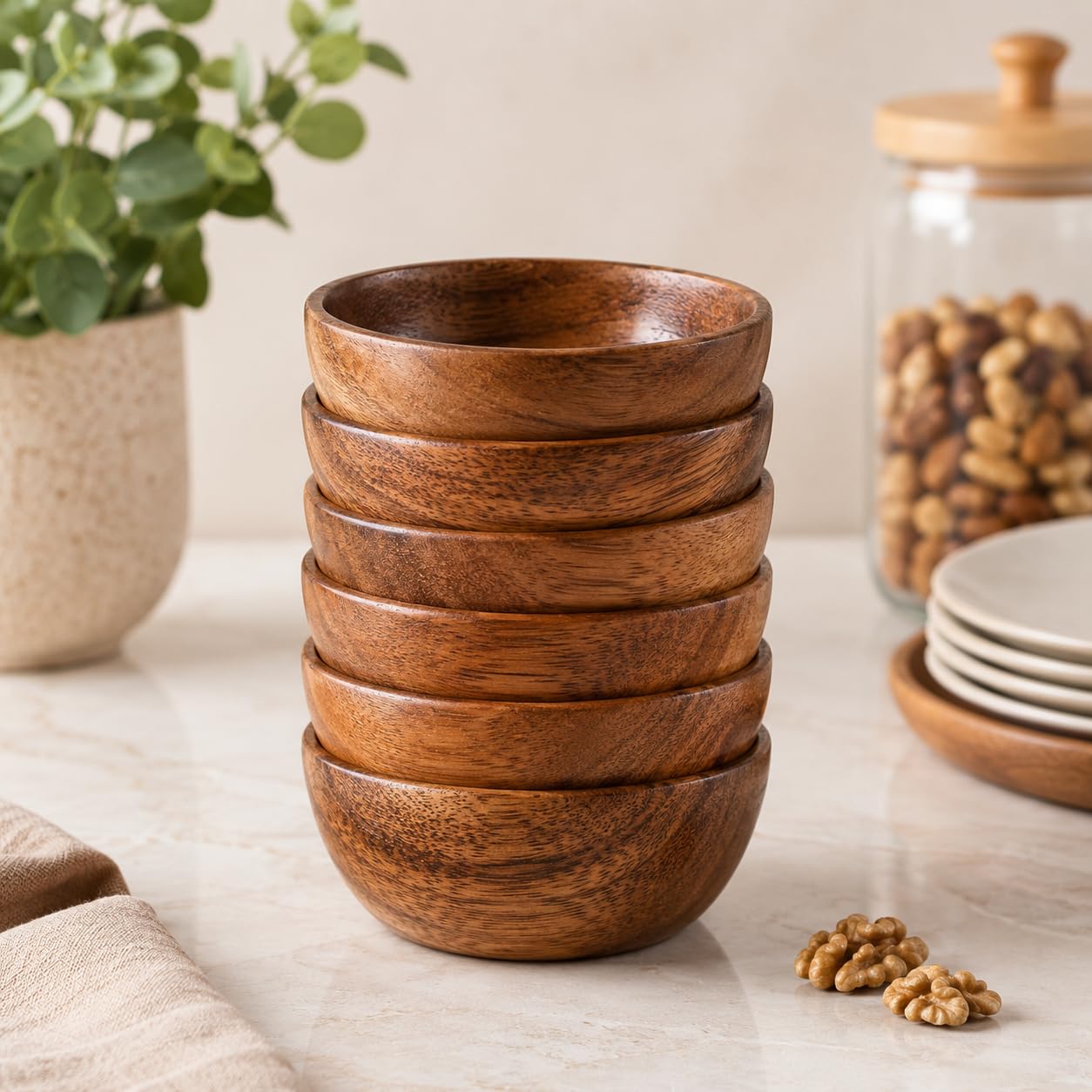 RIANGI Wooden Bowls Set Of 6 Small Acacia Wood Bowl Dessert And Snack Cups 4.2 X 2 Inch 8 Oz Capacity Rustic Mini Wooden Bowl For Dips Condiments Ice Cream Nuts