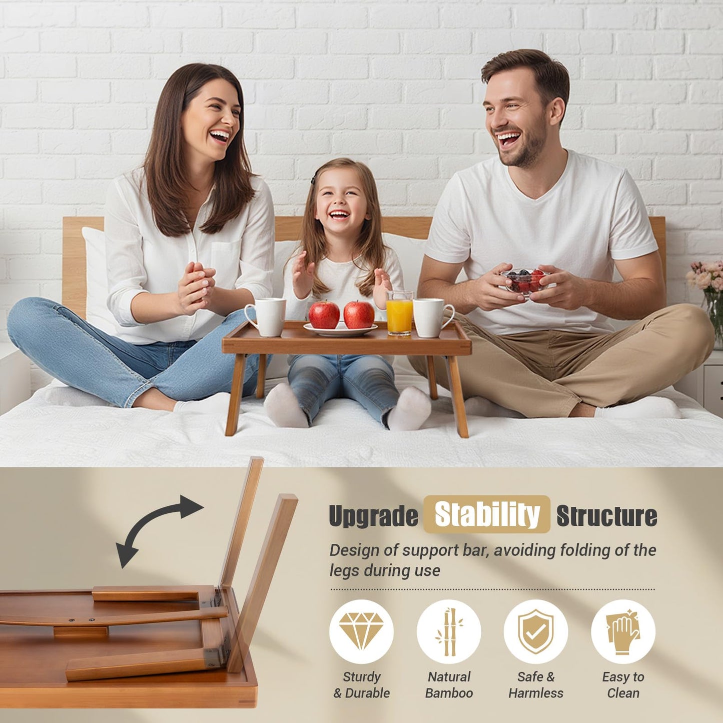 Bmboryxa Bamboo Bed Table Tray with Support Bar and Foldable Legs, Breakfast Food Trays Table for Bed Sofa Eating and Laptops, TV Lap Tray Table on Couch (Applied for Invention Patent)