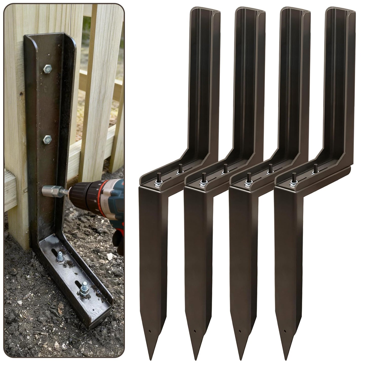 K.D STONEDGE Pack of 4 Adjustable Fence Post Repair Kit Quick Fix Rotted Tilted Broken Leaning Wood Posts Support Easy Solution Heavy Duty Steel Wooden Fence Post Anchor Stakes