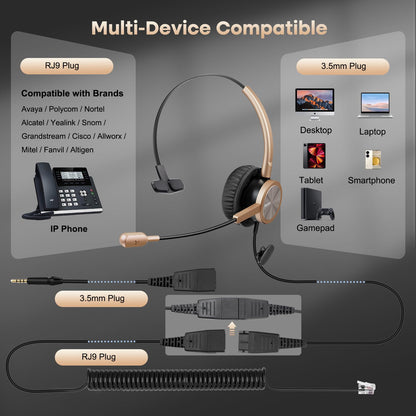 Telephone Headset with RJ9 for Cisco Phone Call Center Headset with Noise Cancelling Microphone with Extra 3.5mm Connector for Mobiles