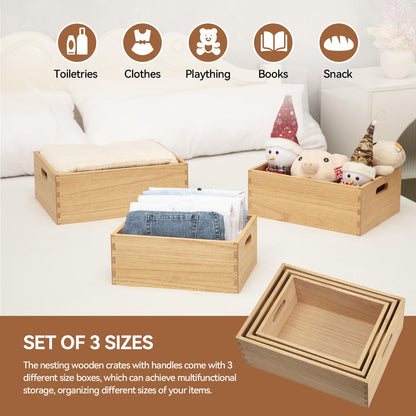 KIRIGEN Nesting Wood Crates with Handles, Set of 3 Decorative Storage Boxes, Farmhouse Shelf Bins for Pantry, Bathroom, Craft Room, Towels, Books, 15.75 x 11.8 x 5.9 in, Natural 3TH-NA