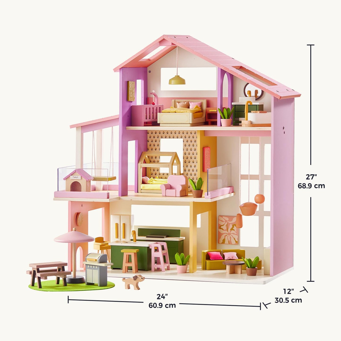Tiny Land Wooden Doll House, Modern Family Dollhouse with Realistic Design, 7 Rooms Dollhouse with 49 PCS Accessories, Montessori Pretend Play Toddler Toy, Ideal Gift for Kids Ages 3+, Pink