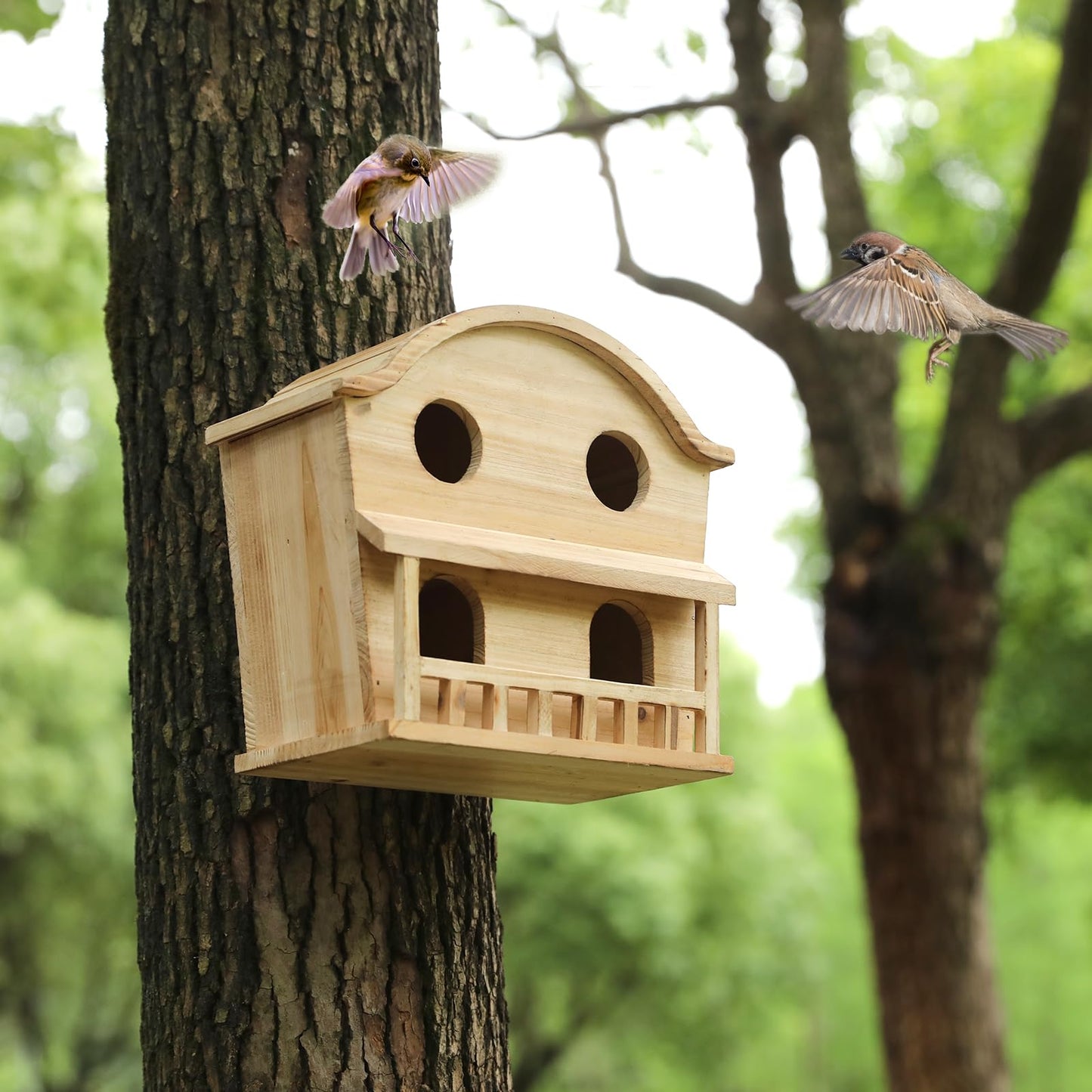 Bird Houses for Outside, 4 Hole Wooden Birdhouse for Outdoor Large Hanging Bird House Backyard Birding & Wildlife Humming Bird Houses (Four Hole)